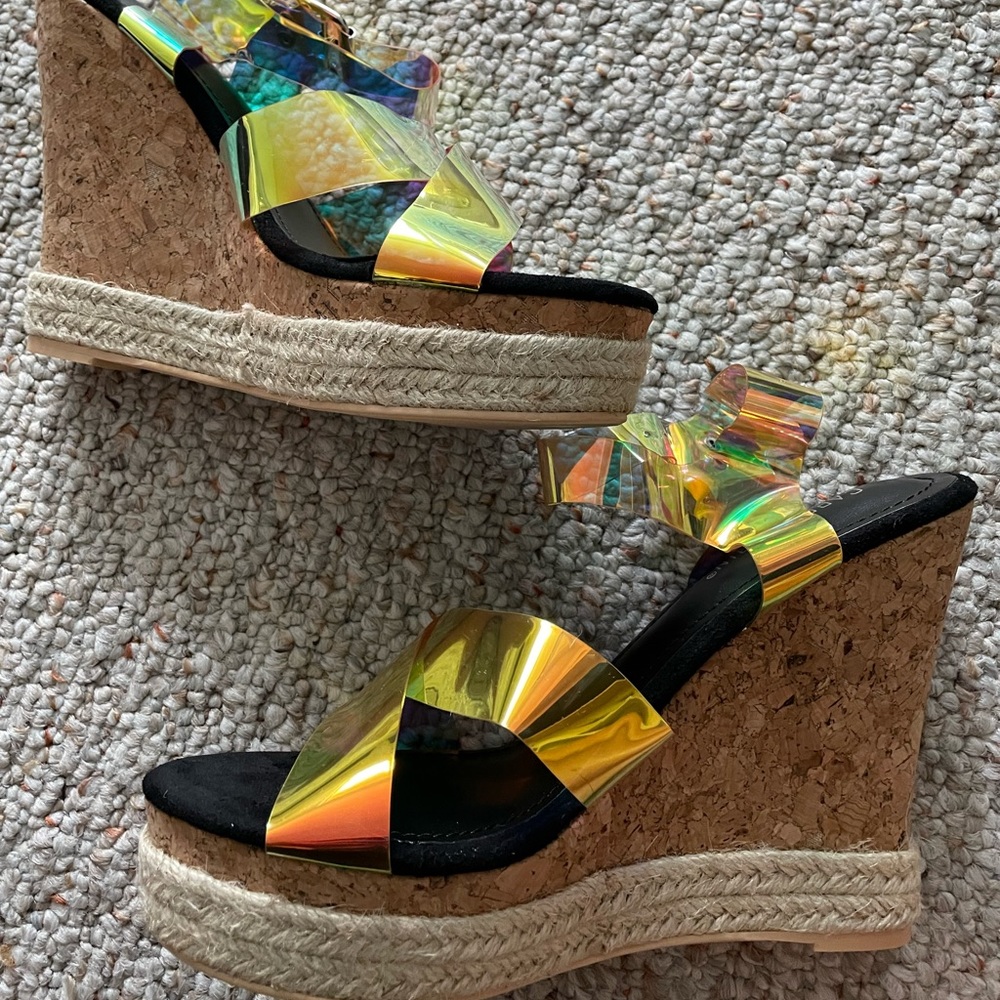 Wedges. Iridescent straps. Changes colors with the light. Never worn.